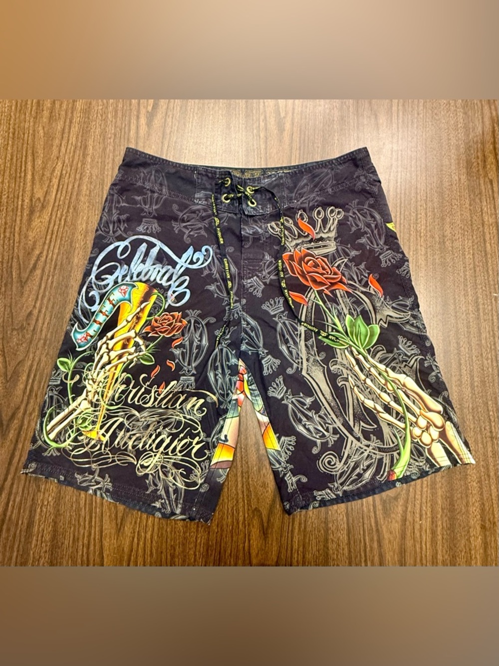 Christian Audigier Ed Hardy Board Shorts with Multicolor Graphics Y2K